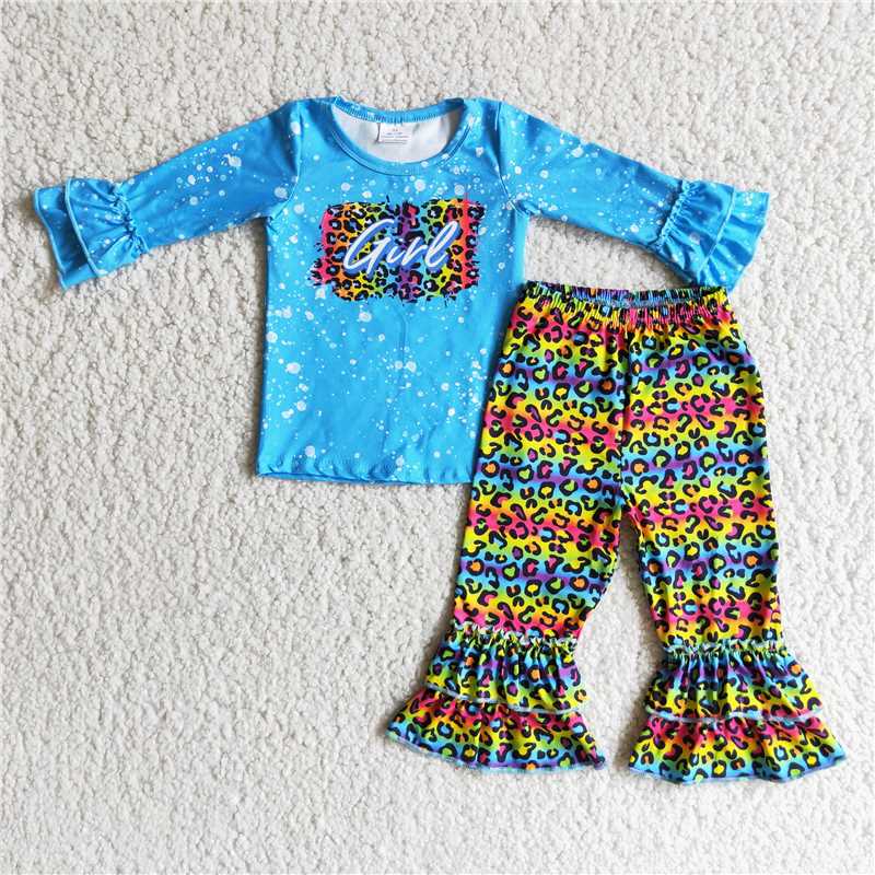 6 A13-19Blue shirt girl print leopard pants clothing set