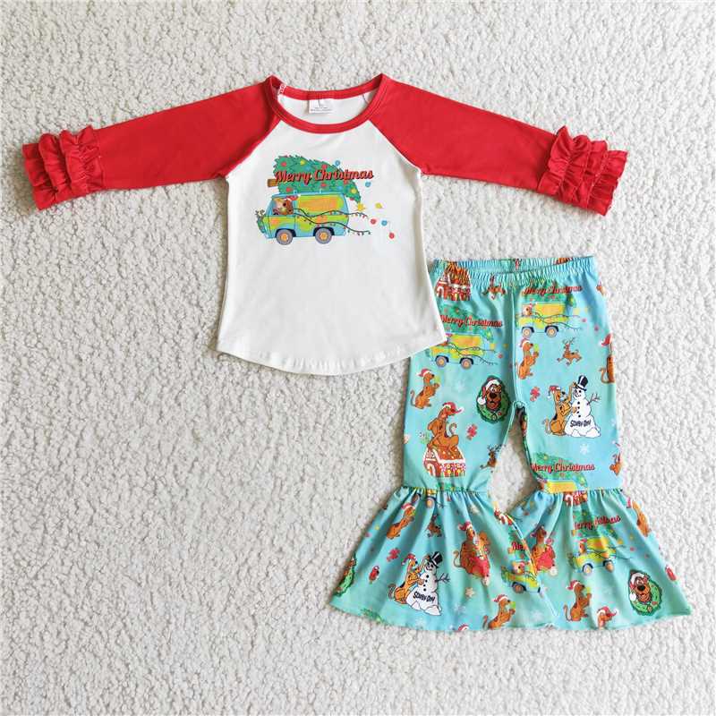 6 B7-4 Merry Christmas red sleeve snowman bell bottom pants suit