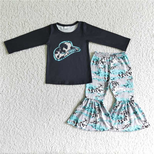 6 C9-34Cow hat print black shirt bell bottom pants western clothing
