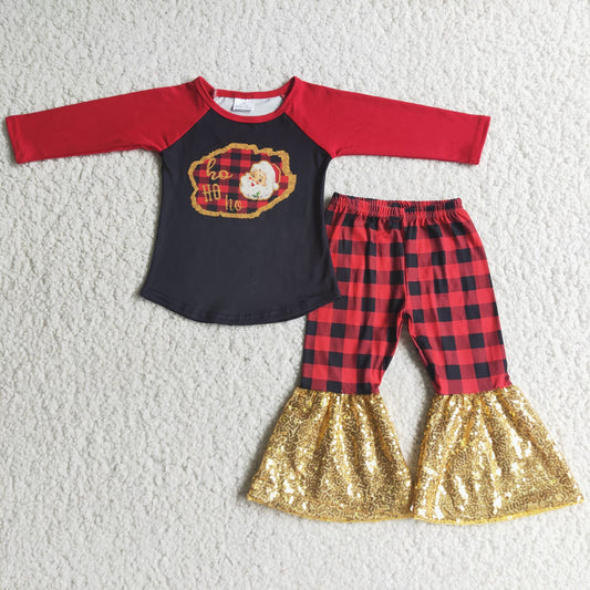 6 C9-5 Santa Claus black long-sleeved top and red plaid sequined flared pants