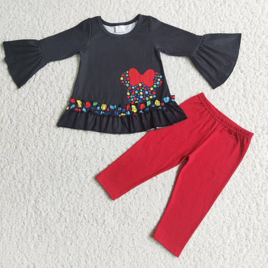6 C8-36Black mouse screen print shirt match red leggings set