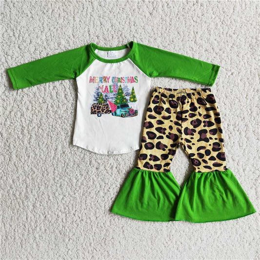 6 A4-5 Merry Christmas green long-sleeved top and leopard print flared pants suit