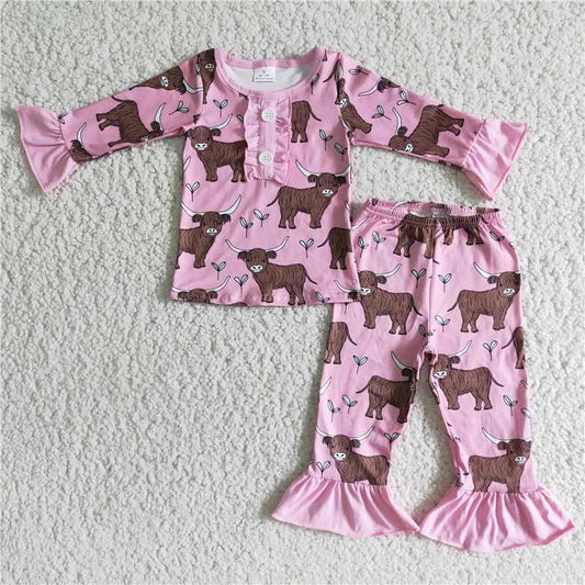 6 A11-12Cow print pink long sleeve pants girls pajamas