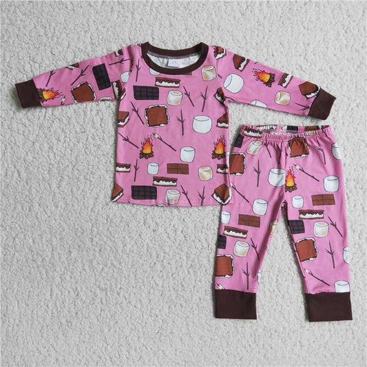 6 B3-18Pink cake chocolate milk long sleeve girls pajamas