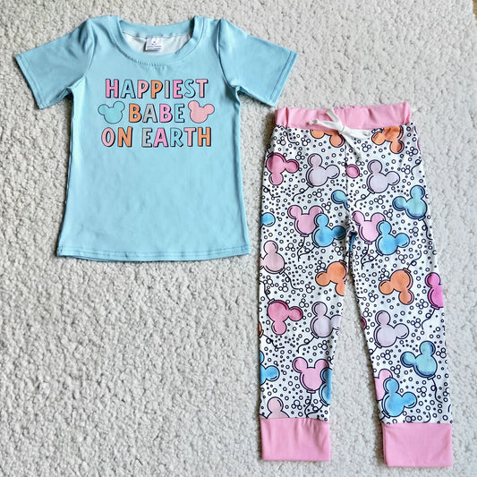 D3-16 Girls Cartoon Happy Earth pants sets