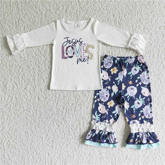 6 A7-12Jesus loves me shirt floral pants girls clothing set