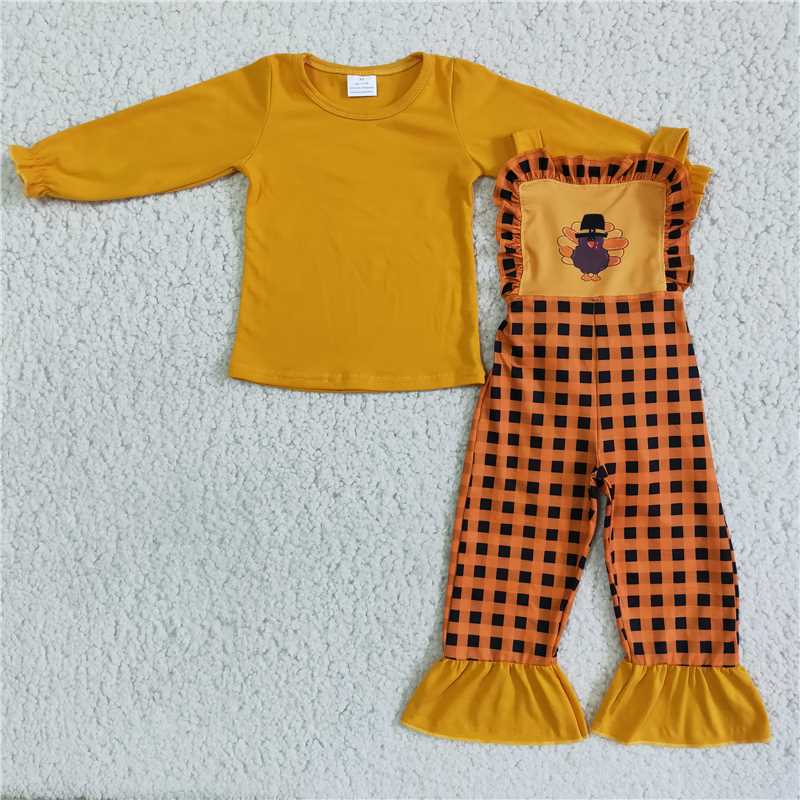 6 A10-18Turkey screen print plaid overalls cotton shirt girls boutique clothing