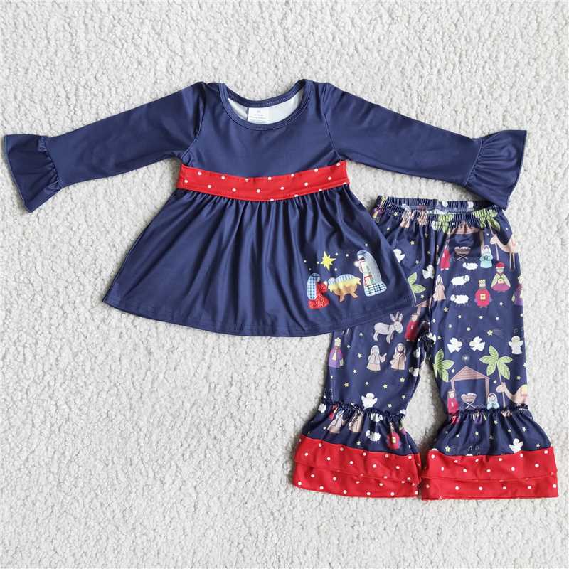 6 A12-17Navy Nativity print belt tunic ruffle pants kids girls Christmas clothes