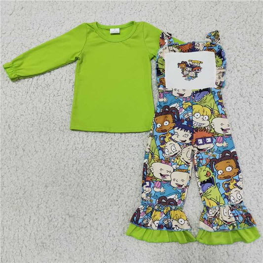 6 A18-16Green cotton top screen print overalls boutique girls clothing