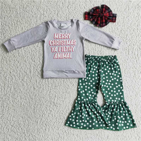 6 A7-16 Merry Christmas long-sleeved green bell-bottom pants 250g