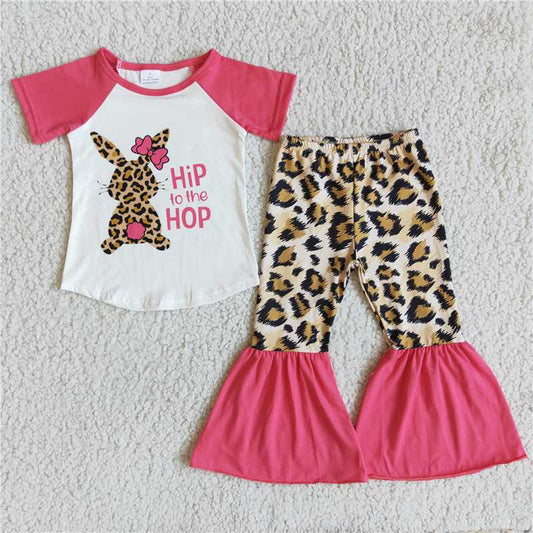 D7-17 Easter Bunny Short Sleeve Top Leopard Print Flared Pants Suit