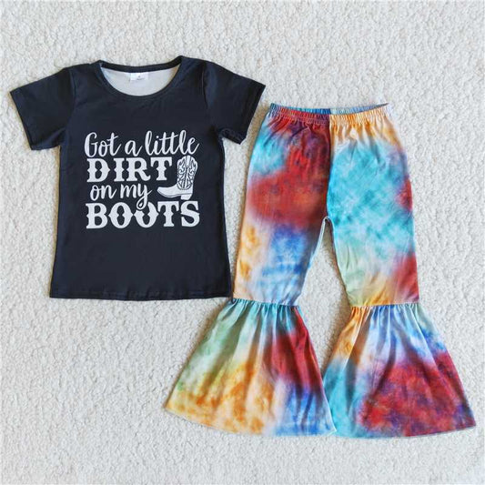 E9-29 Got a little dirt on my boots shirt tie dye pants girls boutique clothes