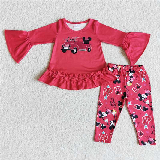 6 A29-3 Love truck mouse shirt cute print pants baby girls valentine's clothing set