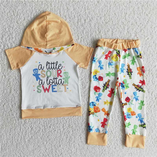 E9-27 sweet yellow hooded short-sleeved trousers suit