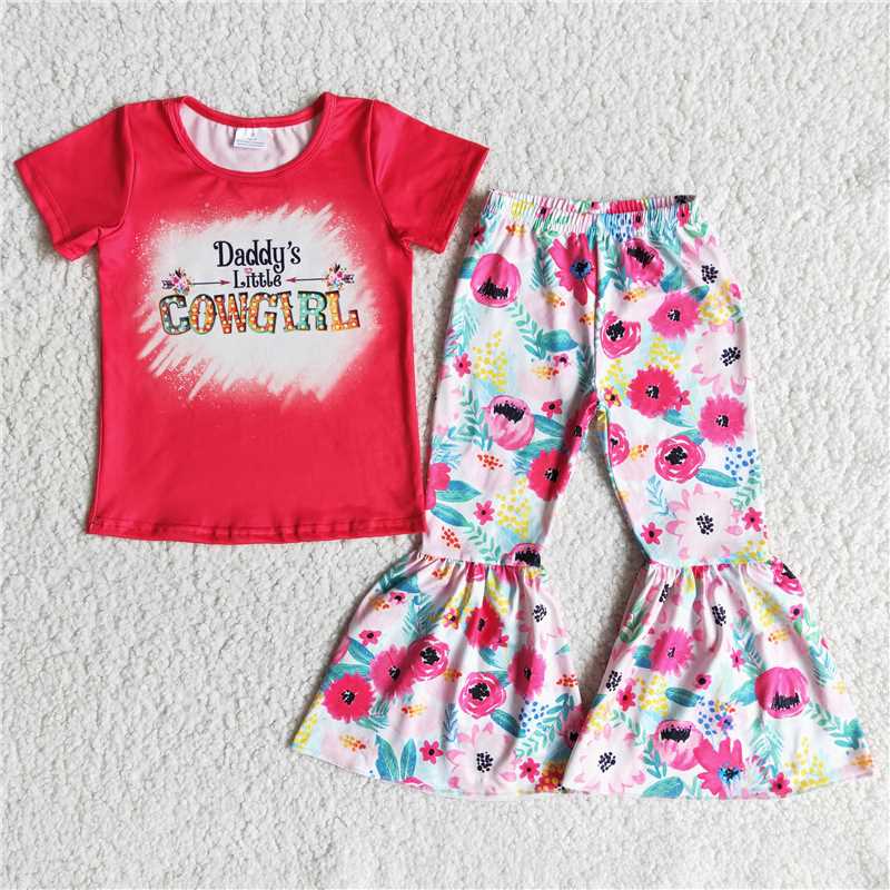 B1-26 Baby girls daddy cowgirls pink top bell bottom flower pants clothing sets
