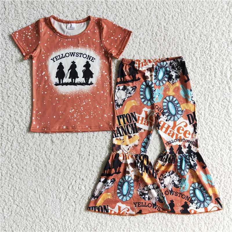 B1-19 Baby girls western horse bell pants clothing sets