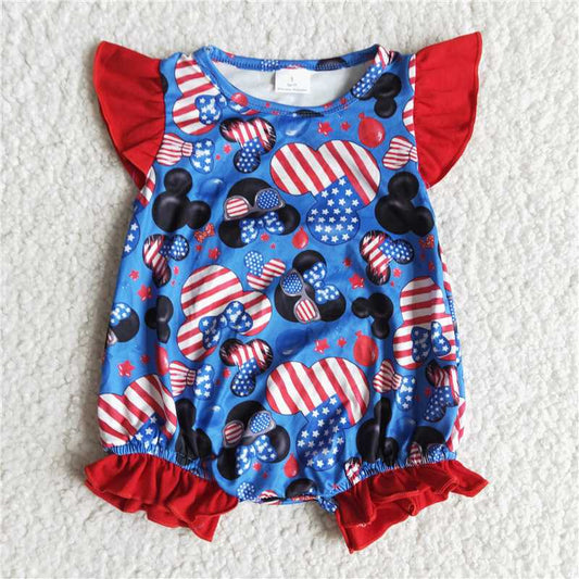 A12-3  Flutter sleeve mouse star and stripe print baby girls 4th of july romper