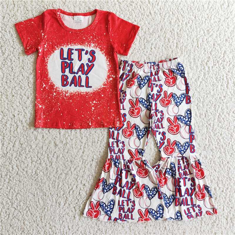 B0-12 Baby girls baseball short sleeve shirt bell bottom pants red clothing sets