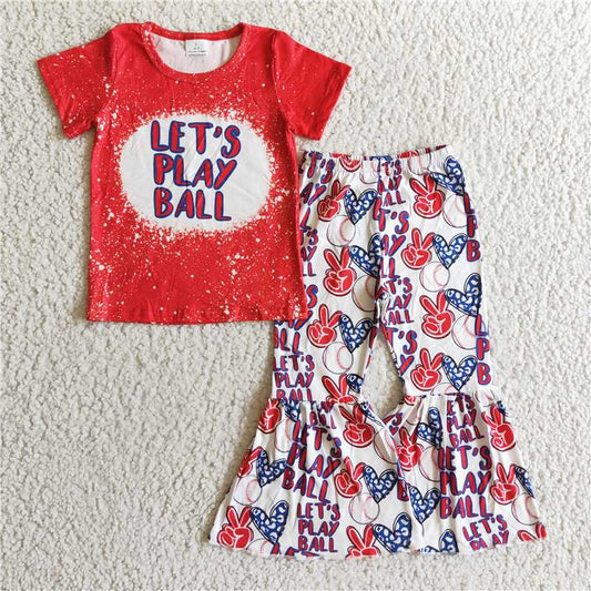 B0-12 Baby girls baseball short sleeve shirt bell bottom pants red clothing sets