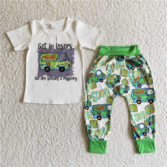 B9-28 Scooby Dog Car White Short Sleeve Top Boys Trousers Set