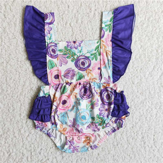 B3-27  Baby girls purple floral bubble rompers