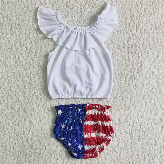 NC0001   Baby girls 4th of July off shoulder top star bummie sets