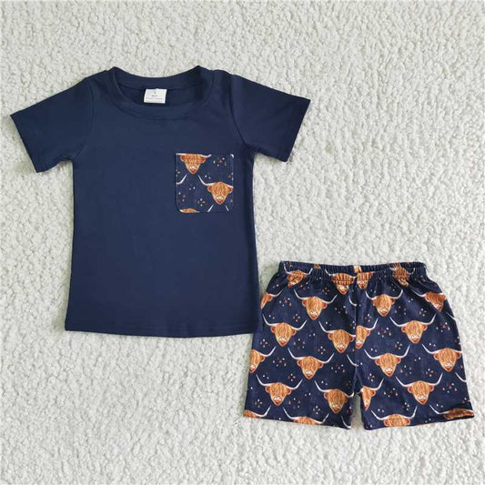 BSSO0035 Baby boys black top western highland pocket shorts sets