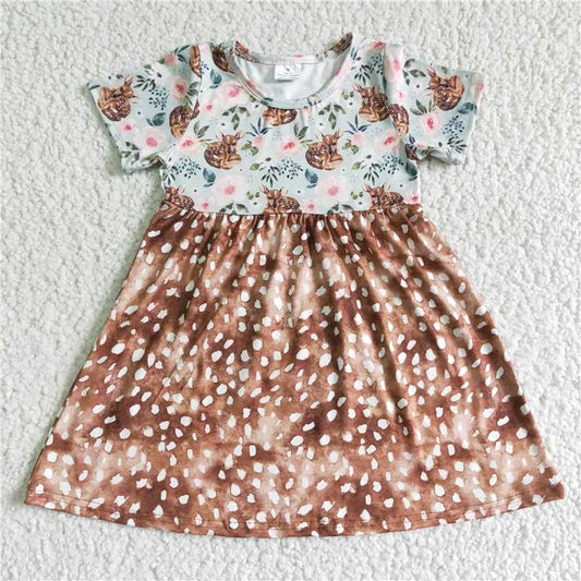 GSD0035 Girls' deer brown short-sleeved floral dress