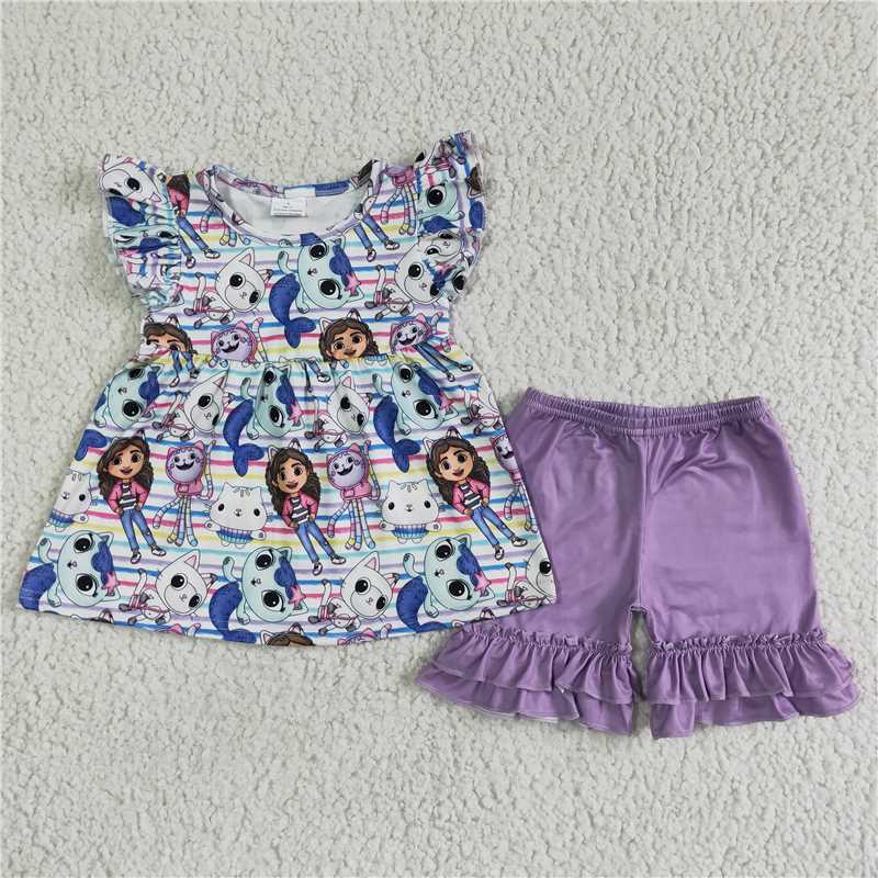 GSSO0068 Gabby flying sleeve purple lace shorts set
