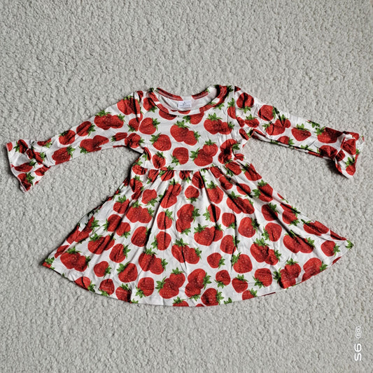 9.26 RTS NO MOQ（In stock）G2-24*' Baby Girls Winter Dress Strawberry White Long Sleeve Dress