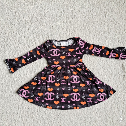 9.29 RTS NO MOQ（In stock）G2-24- Baby Girls Winter Dress Black long-sleeved dress with pink letters and orange hearts
