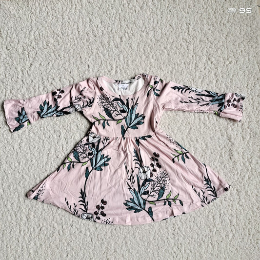 9.29 RTS NO MOQ（In stock）G2-24*= Baby Girls Winter Dress Light pink long-sleeved dress with buds and leaves