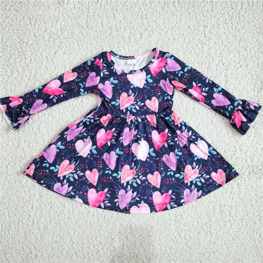 10.11 RTS NO MOQ（In stock）G2-24*;\ Baby Girls Winter Dress Lilac pink heart leaf long-sleeved dress