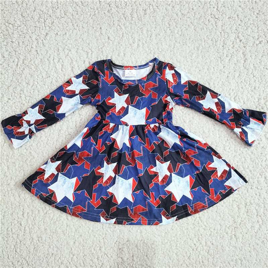 10.10 RTS NO MOQ（In stock）G2-24.;\* Baby Girls Winter Dress Dark blue long-sleeved dress with red, white and black stars