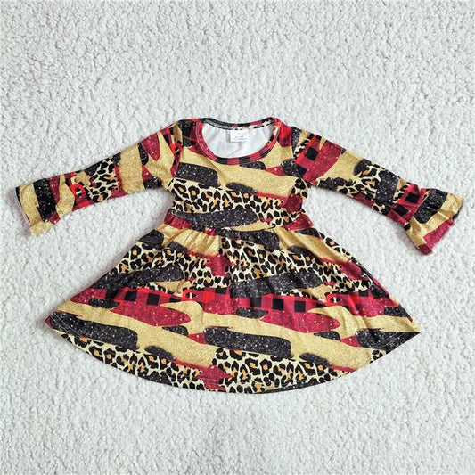 9.18 RTS NO MOQ（In stock）G2-24-4' Baby Girls Winter Dress Leopard print red and yellow square long-sleeved dress