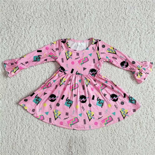 9.23 RTS NO MOQ（In stock）G2-24-4., Baby Girls Winter Dress Pink long-sleeved dress with colorful square lines