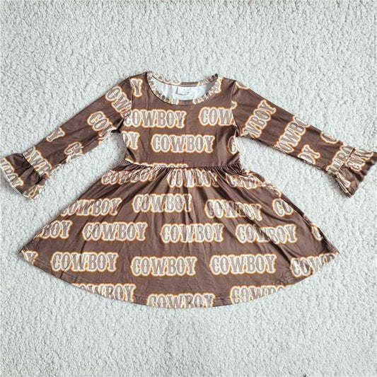 9.24 RTS NO MOQ（In stock）G2-24-8.;' Baby Girls Winter Dress Light brown long-sleeved dress with letters