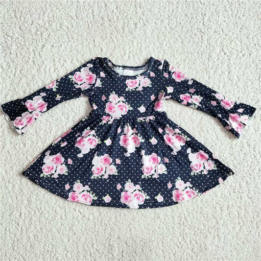 9.18 RTS NO MOQ（In stock）G3-4-3*.; Baby Girls Winter Dress Light pink rose with white dots and black long-sleeved dress