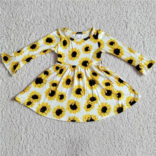 9.24 RTS NO MOQ（In stock）G3-8*. Baby Girls Winter Dress Sunflower White Trumpet Long Sleeve Dress