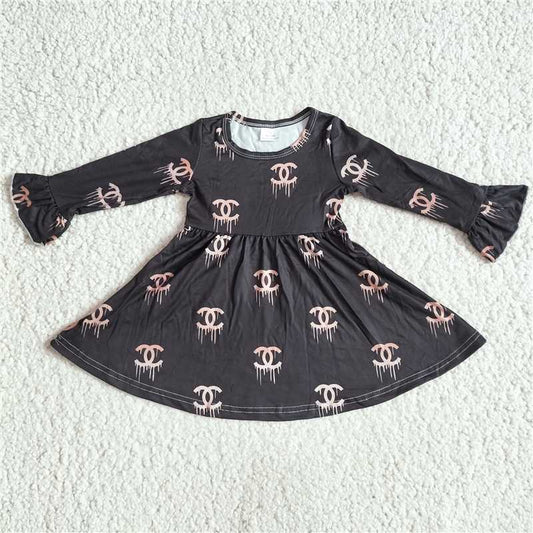 9.18 RTS NO MOQ（In stock）G3-8*' Baby Girls Winter Dress Black flared long-sleeved dress with pink leather and lettering