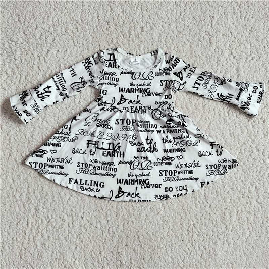 9.19 RTS NO MOQ（In stock）G3-8*;; Baby Girls Winter Dress Black lettering white long sleeve dress