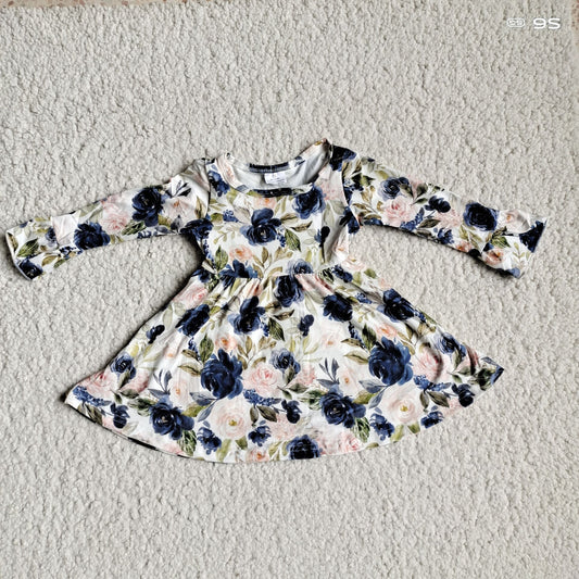 9.29 RTS NO MOQ（In stock）G3-8*;. Baby Girls Winter Dress Tangerine Dark Blue Rose Long Sleeve Dress