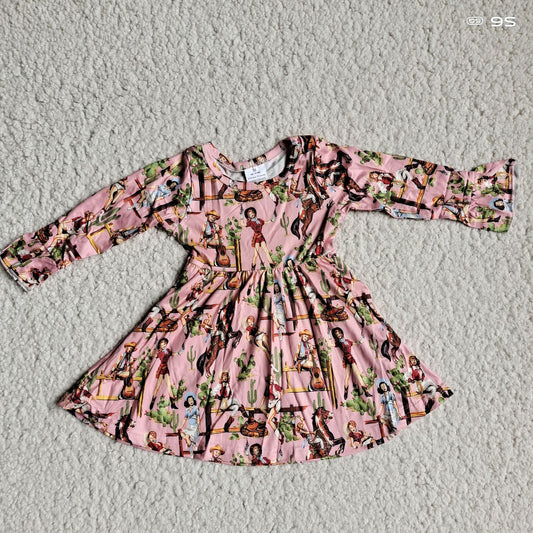 9.29 RTS NO MOQ（In stock）G3-12-2\ Baby Girls Winter Dress Girls Cactus Horse Pink Long Sleeve Dress