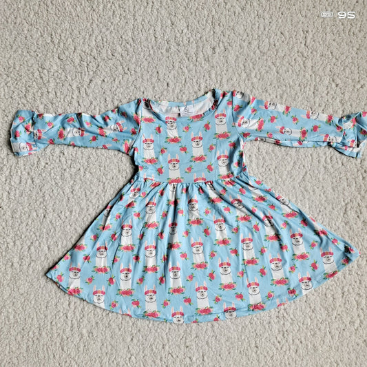 10.4 RTS NO MOQ（In stock）G3-12-2;'; Baby Girls Winter Dress Pink Flower White Horse Light Blue Long Sleeve Dress