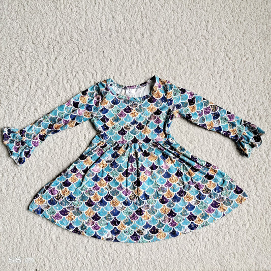 10.4 RTS NO MOQ（In stock）G3-12-2/. Baby Girls Winter Dress Purple and blue sequined fish scale long-sleeved dress