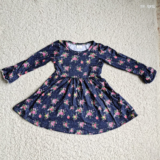 10.4 RTS NO MOQ（In stock）G3-12-2,; Baby Girls Winter Dress Rose purple floral dark blue long-sleeved dress