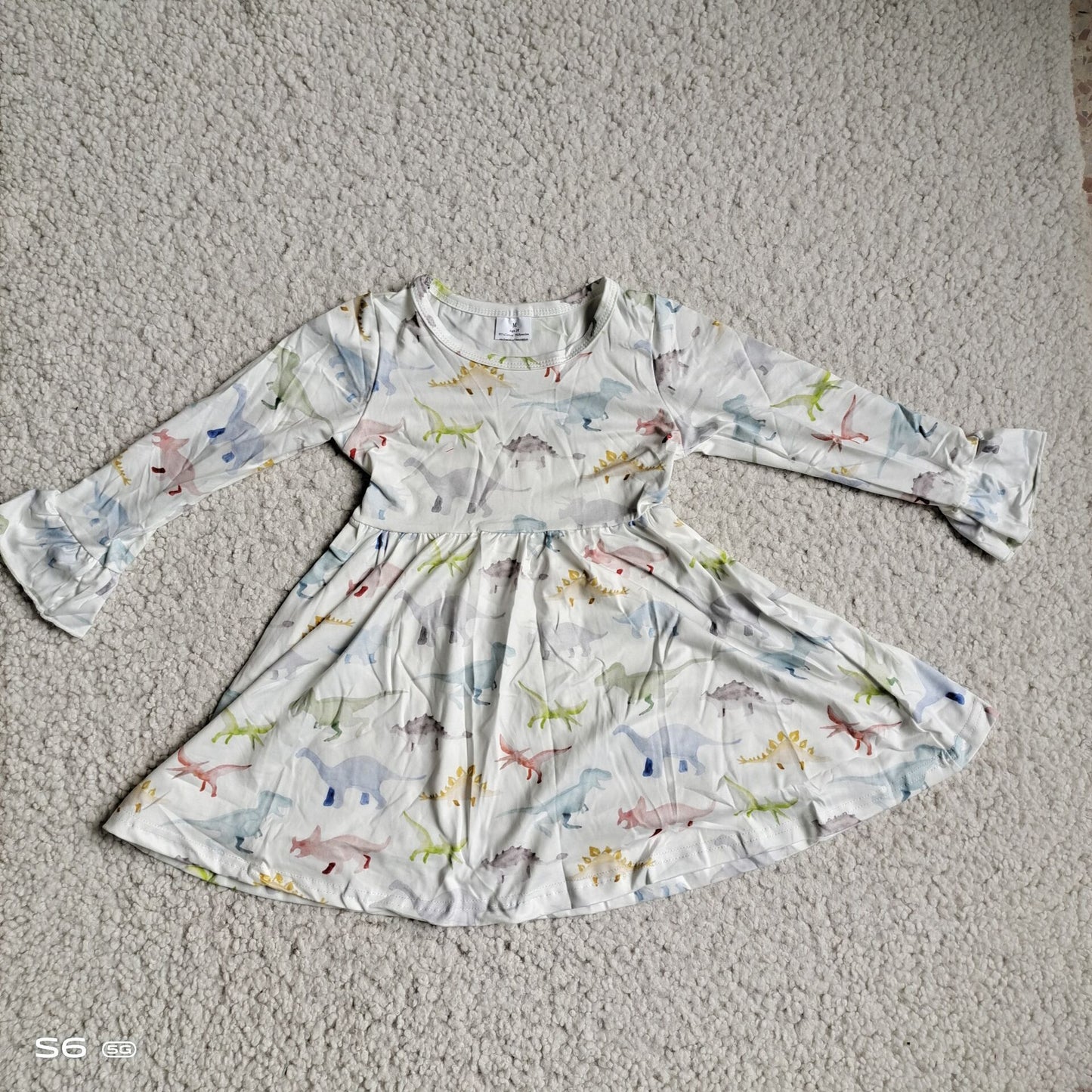 10.3 RTS NO MOQ（In stock）G3-12-5/. Baby Girls Winter Dress Light Colored Dinosaur Long Sleeve Dress