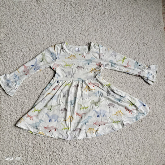 10.3 RTS NO MOQ（In stock）G3-12-5/. Baby Girls Winter Dress Light Colored Dinosaur Long Sleeve Dress