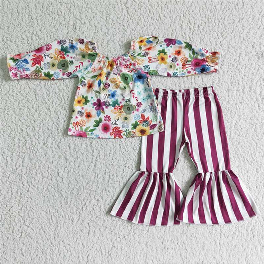 GLP0013Floral top stripe pants kids girls fall clothing