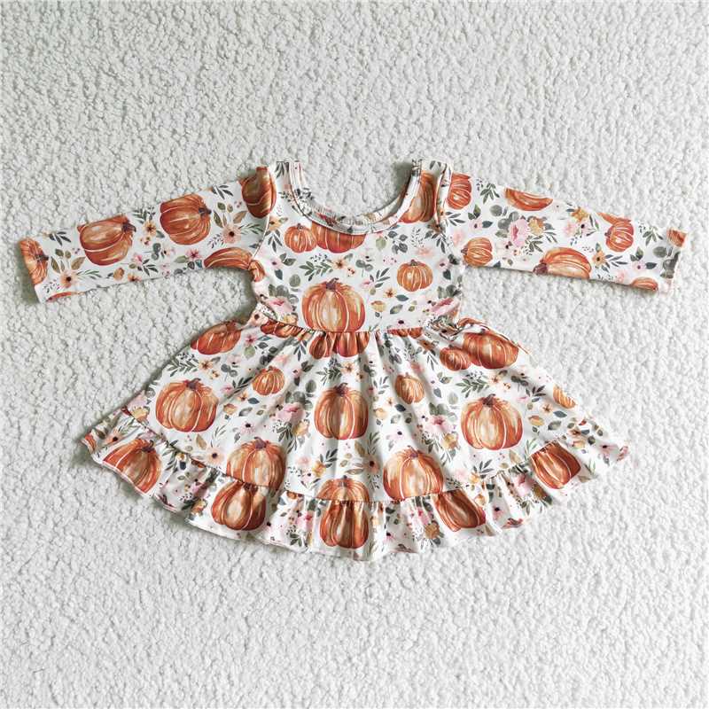 GLD0004  Baby girls pumpkin orange floral twirl dresses